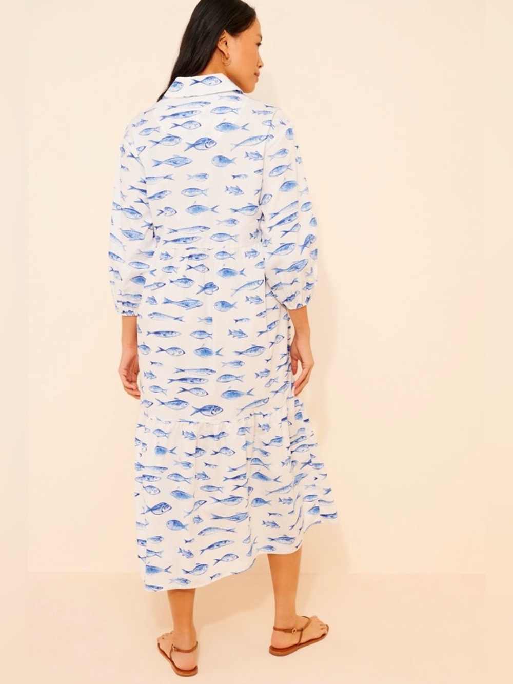 Anthropologie Maeve The Bettina Tiered Shirt Dress Fish print Size L - Picture 8 of 14